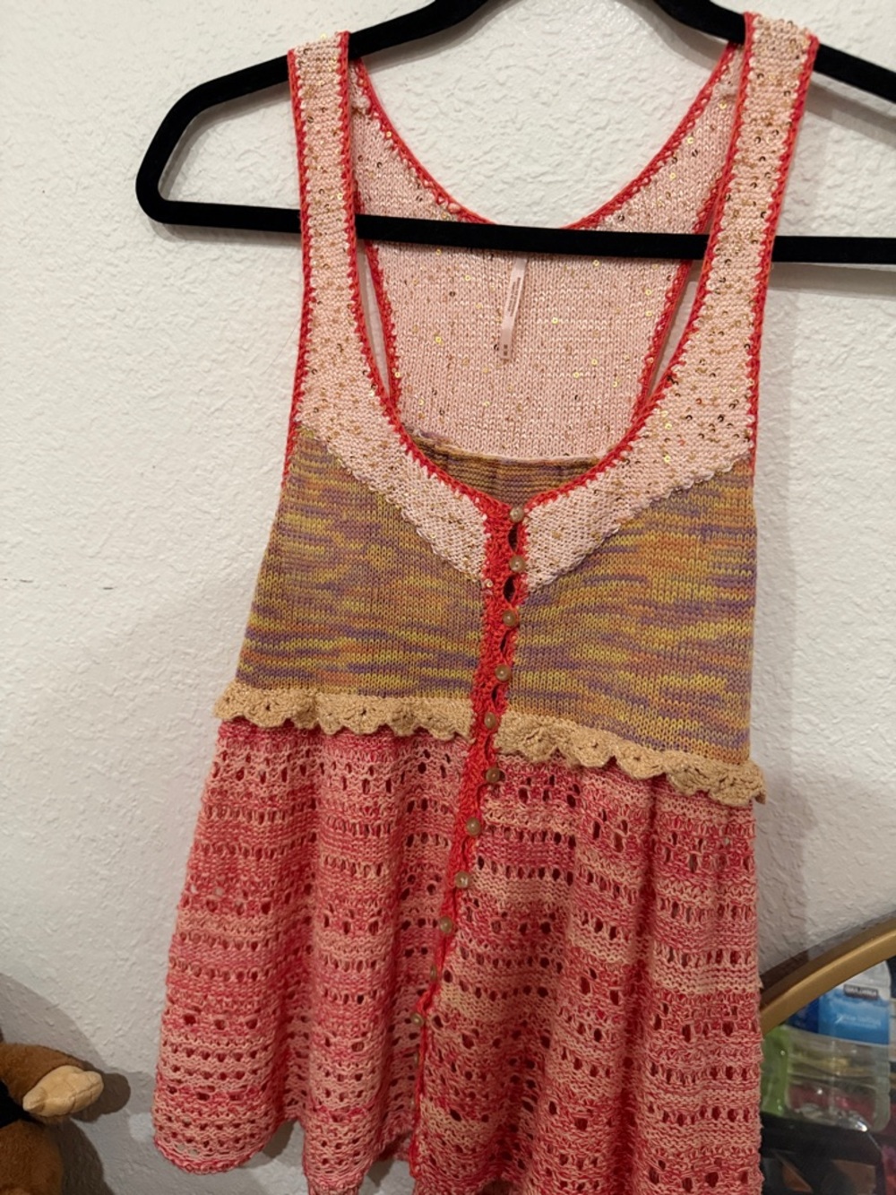 Crochet Knit Pink Multi-Color Button-Front Tank Top - Picture 3 of 4